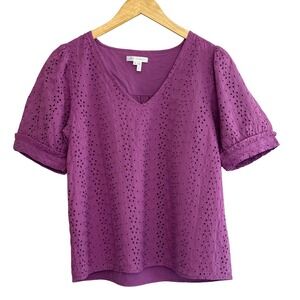 Draper‎ James Purple Eyelet Top V-Neck Short Sleeve Blouse - Size M